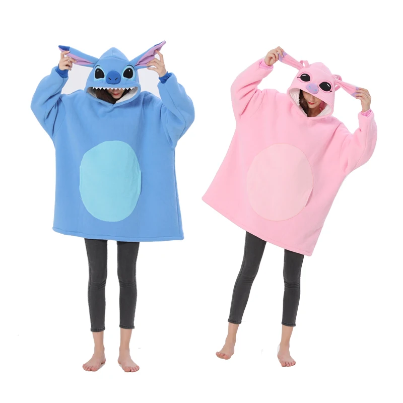 Cartoon Stitch Winter Hooded Kawaii Animal Blanket Women Oversized Clothes With Sleeves Large Pocket Warm Soft Thick TV Hoodie