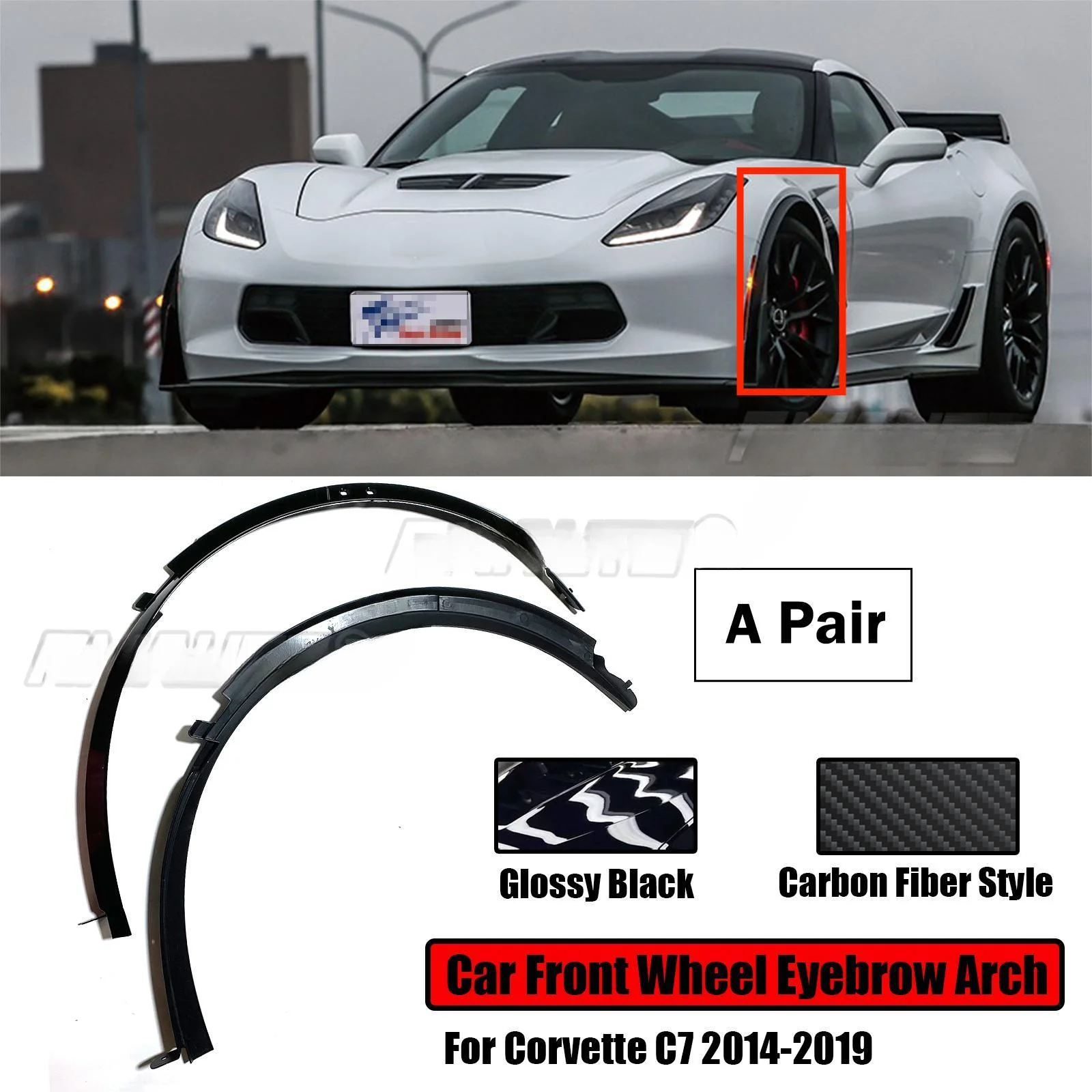 2Pcs Car Front Wheel Eyebrow For Chevrolet Corvette C7 2014-2019 All Model Glossy Black Carbon Fiber Look Fender Accessories