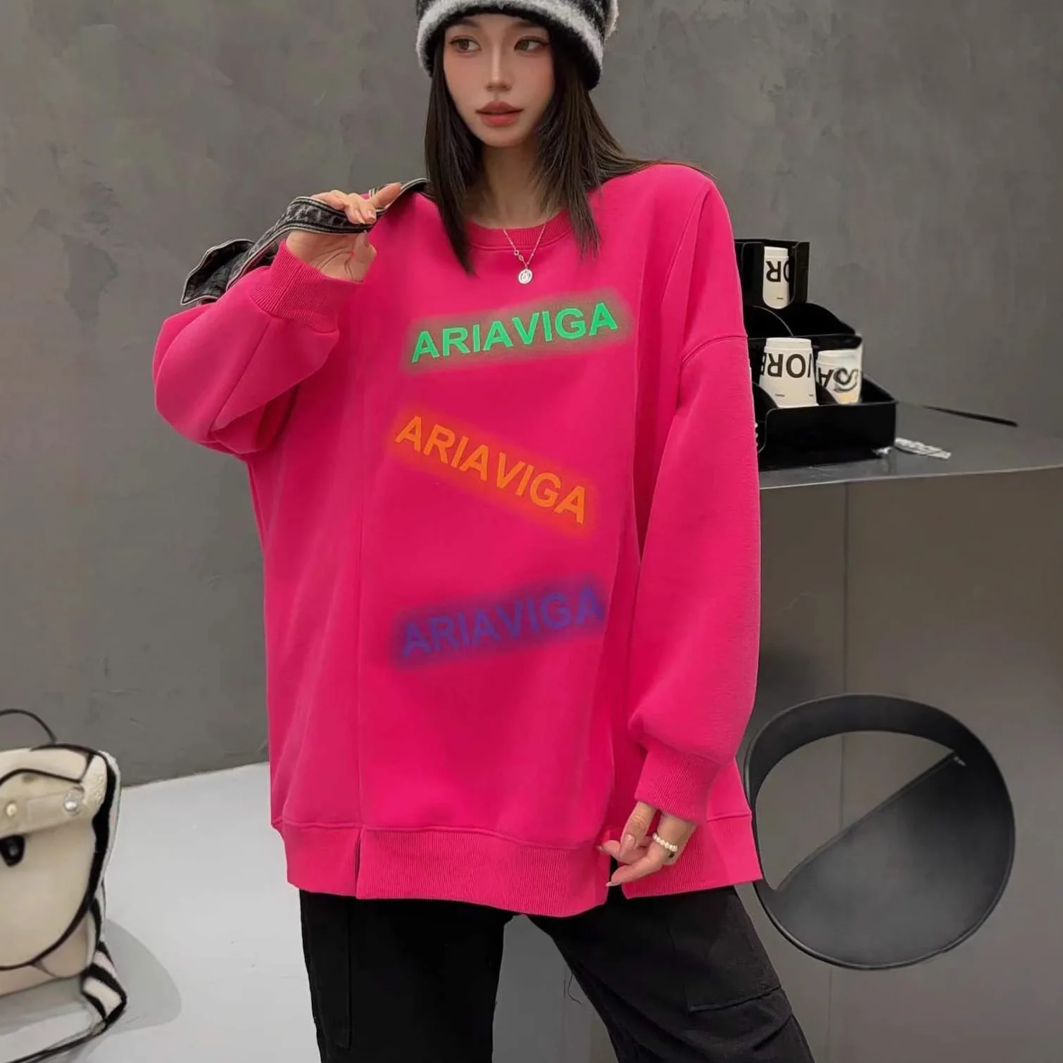 European Fashion Cartoon Backpack Bear Long Sleeve Fleece Warm Sweatshirt for Women Autumn Winter New Loose Age-Reducing Top