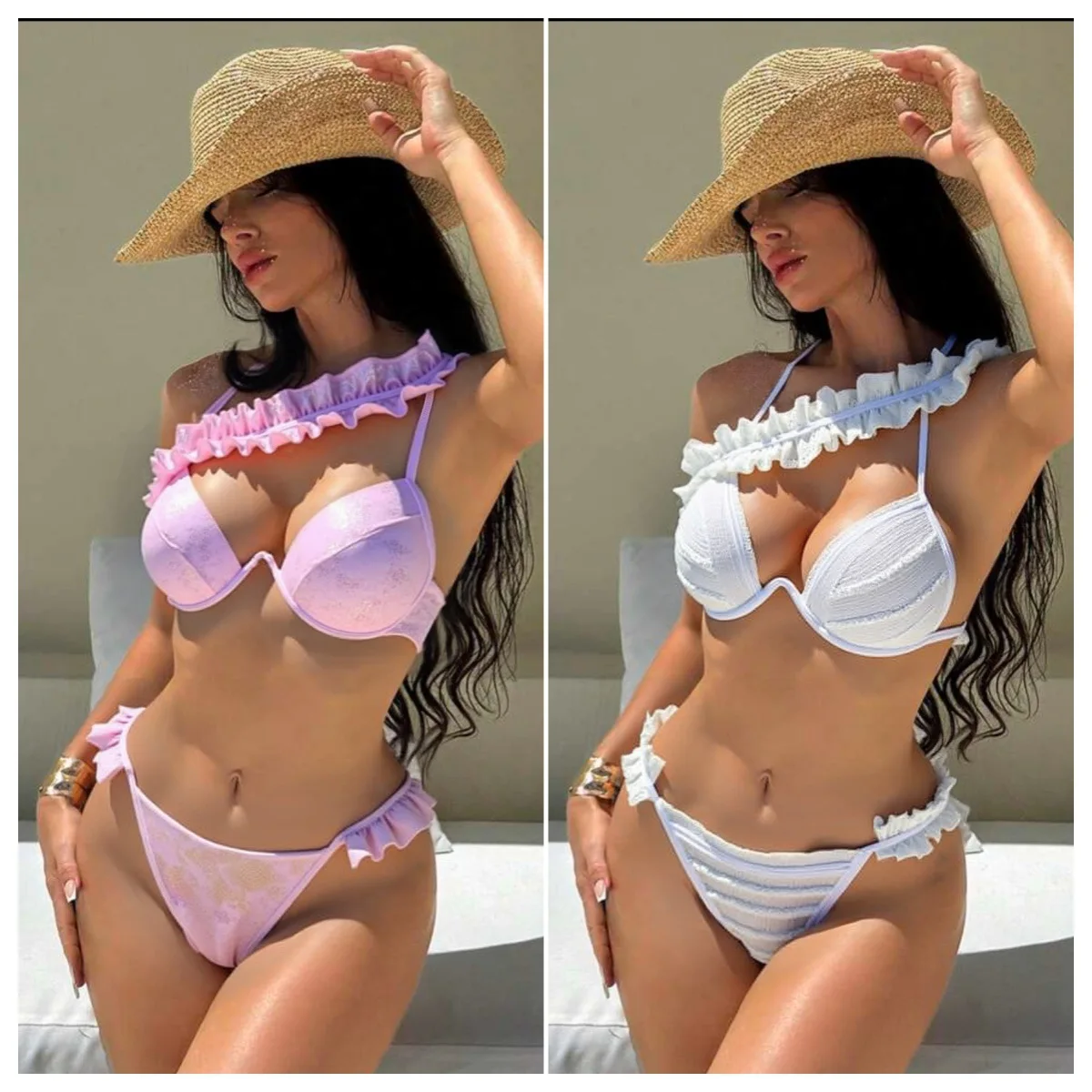 

2026 Ruffle Push Up Bikini Set Sweet Sexy Hard Cup Swimsuit Triangle Bikini Summer Beach One Shoulder Solid Floral Bikini Sets