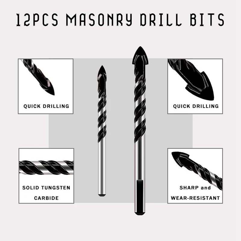 Carboneto de tungstênio alvenaria Brocas Set, profissional Tile Bit, Broca de concreto, 4mm-12mm, 12pcs