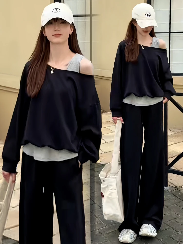 Faionable Commute oulder Bared Long Sve Women's Two Piece Set Casual Loose Fit High Waist Pants Breathable Cotton