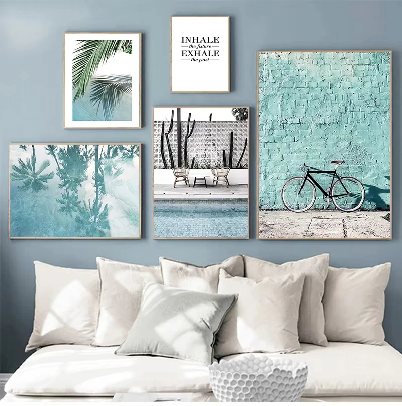 Tropical Landscape Wall Art Canvas Painting Blue Ocean Bicycle Poster Nordic Printing Mural Living Room Home Decoration Pictures