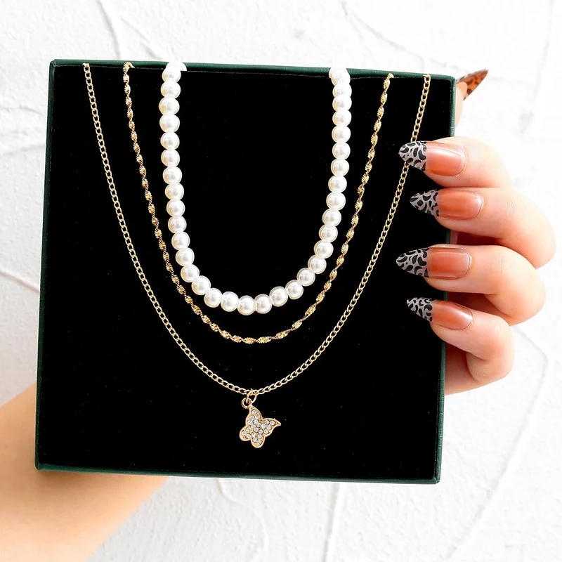 Necklaces For Women 2024 Sexy Accessories Jewelry Trend Zircon Butterfly Pearl Personality ThreeLayer Twin Special-Interest