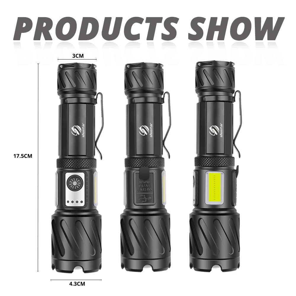 Powerful XHP160 LED Flashlight with Side COB Light Super Bright Torch Support Zoom Waterproof Adventure Camping Light