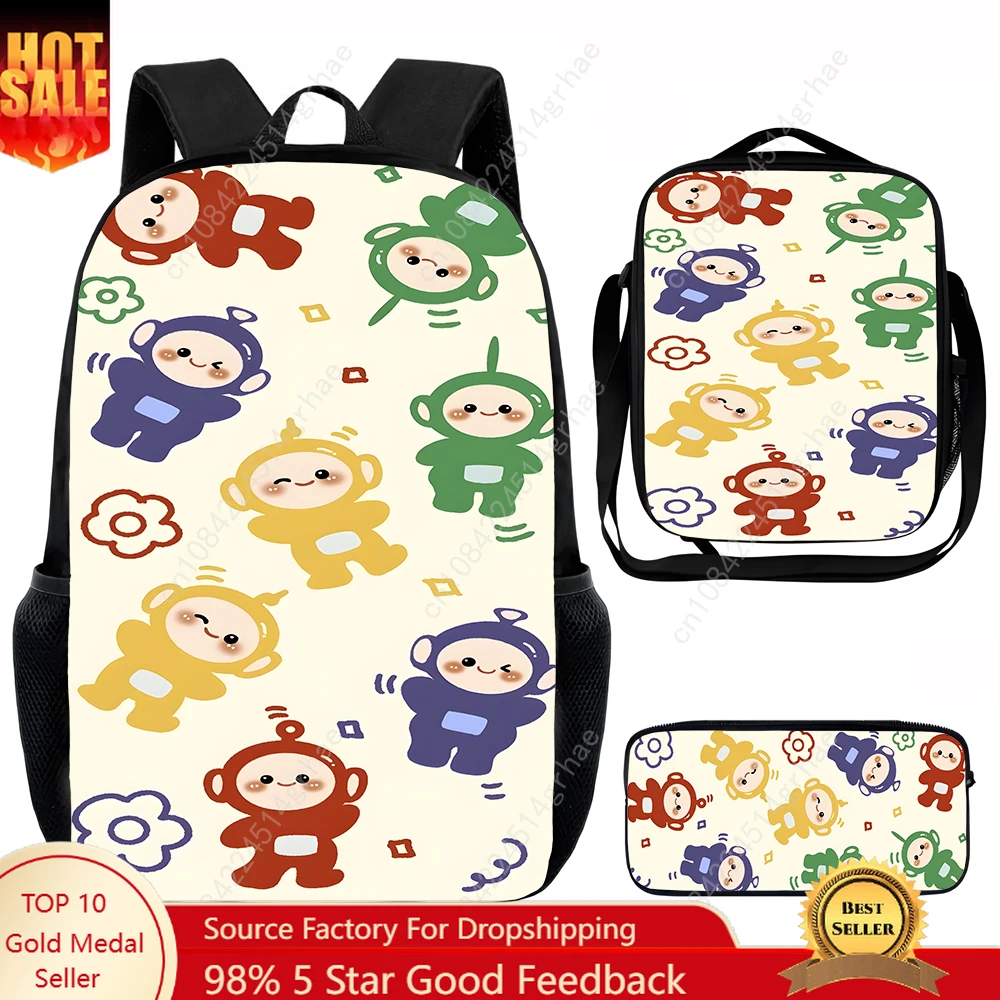 Cute Cartoon T-teletubbies Child School Backpack with Lunch Bags ,Pencil Bags ,School Bags for Boys Girls Best Gift