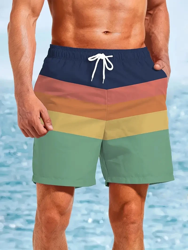 بسيطة مخطط الرسم شورتات للبحر للرجال الصيف عارضة ارتداء اليومي 3D المطبوعة السراويل القصيرة فضفاضة تنفس بارد السباحة جذوع