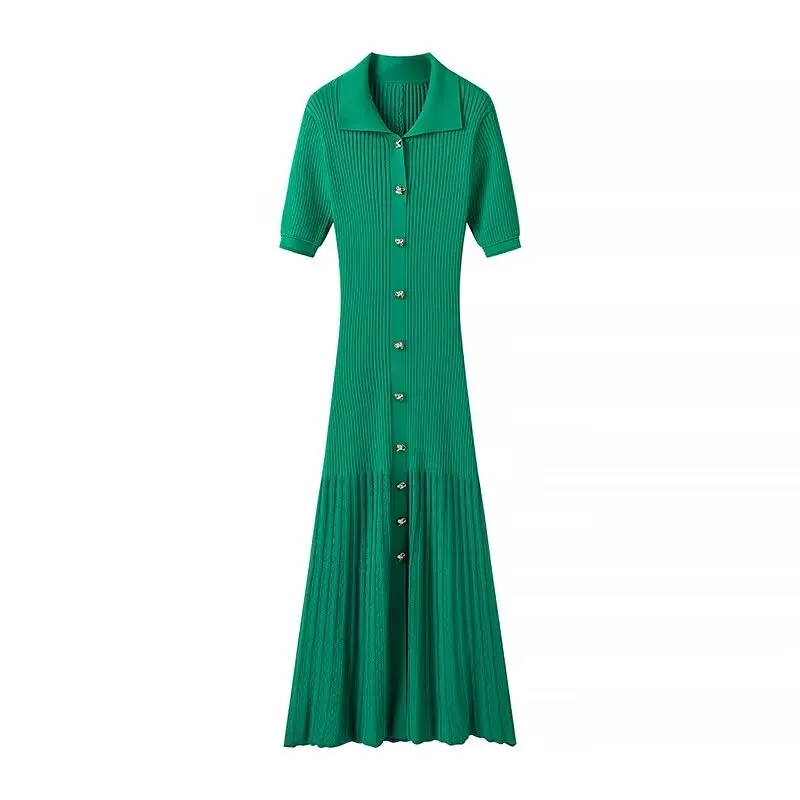 

TRAFZA Female Summer Fashion Dresses A-Line Green Lapel Short Sleeves Single-breasted Women's Hem Fold Knit Midi Skirt Mujer