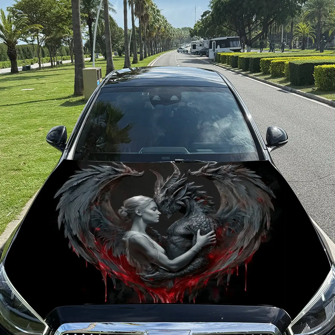 

Blood Colored Heart Wings of Dragon and Girl Car Vinyl Wrap, PVC Material Waterproof Car Hood Sticker, Self-Adhesive Scratch-Res