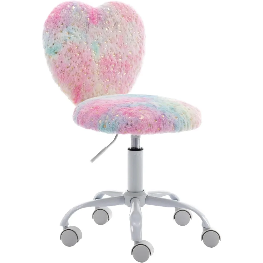 Desk Chair Faux Fur Study Chair for Teenage Girls, Adjustable Heart Shaped Kids Vanity Chair for Bedroom Reading Living Room