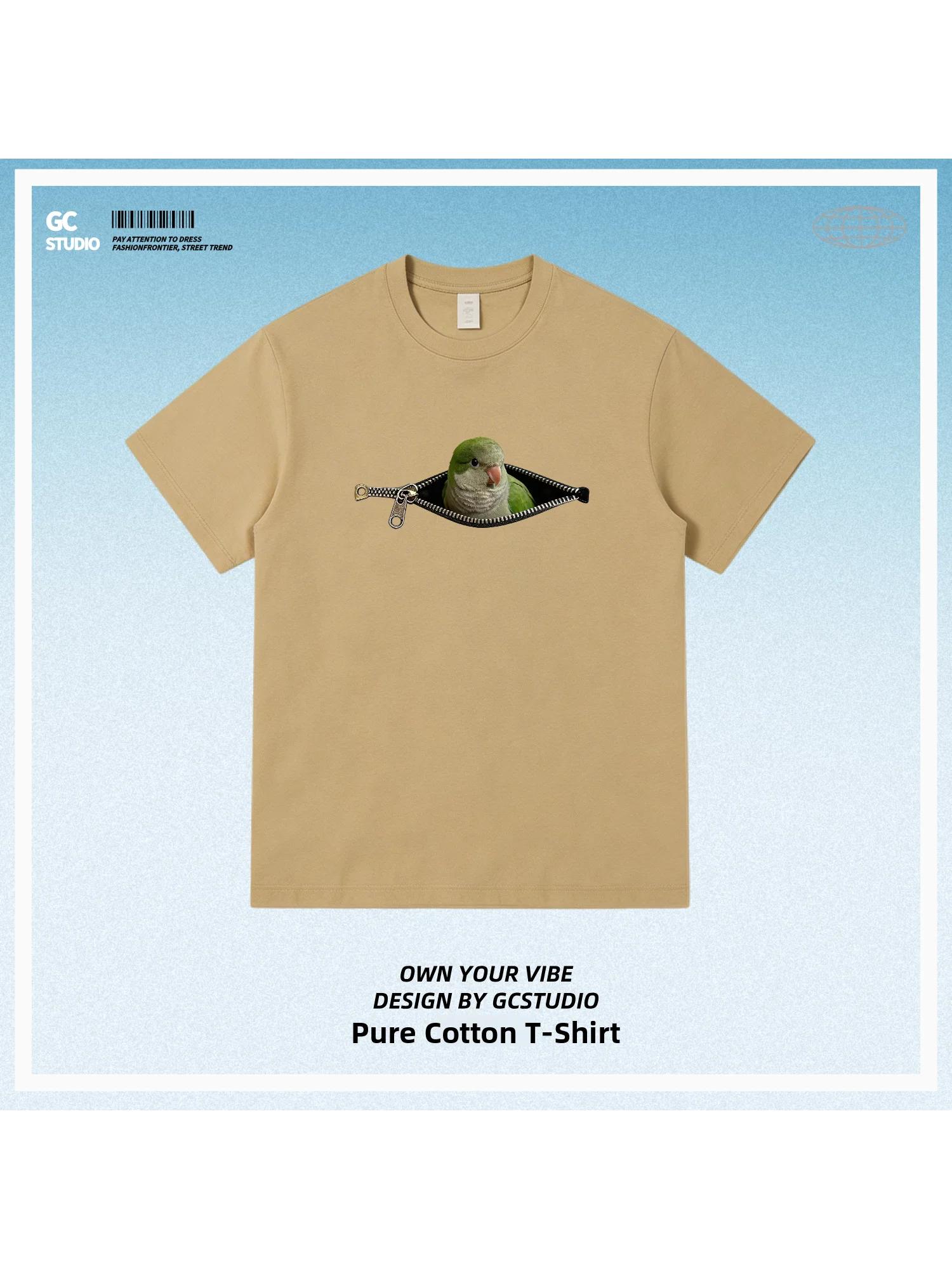 Loose Fit Pure Cotton Short Sleeve T-Shirt Zipper Design Green Monk Parrot Fun Bird Watching Unisex Commuting T-Shirt