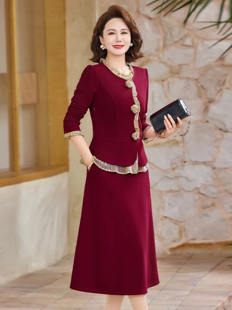 

Stylish Mommy Spring New Style Slimming Fake Two-Piece Dresses Middle-Aged And Elderly Fashion Anti-Aging One-Piece Dresses