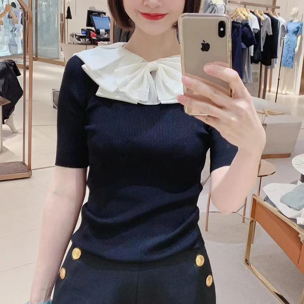 

Zhome Лето 2024: Новая коллекция — Тонкий вязаный топ с рюшами и узлом на воротнике, стандартный крой, женская мода