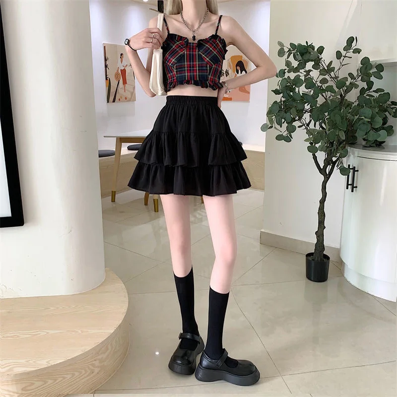 Pleated A-line Skirt White Women Ruffles Sweet Hottie Preppy Style Elastic Elastic Waist Slim Thin SimpleCasual Summer Wholesale