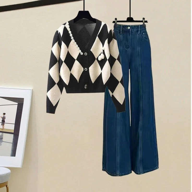 

Women's 2025 Spring Autumn Retro Plaid Sweater Cardigan Wide Leg Denim Pants 1 or Two Piece Set Lady Knit Coats Jeans Outfits