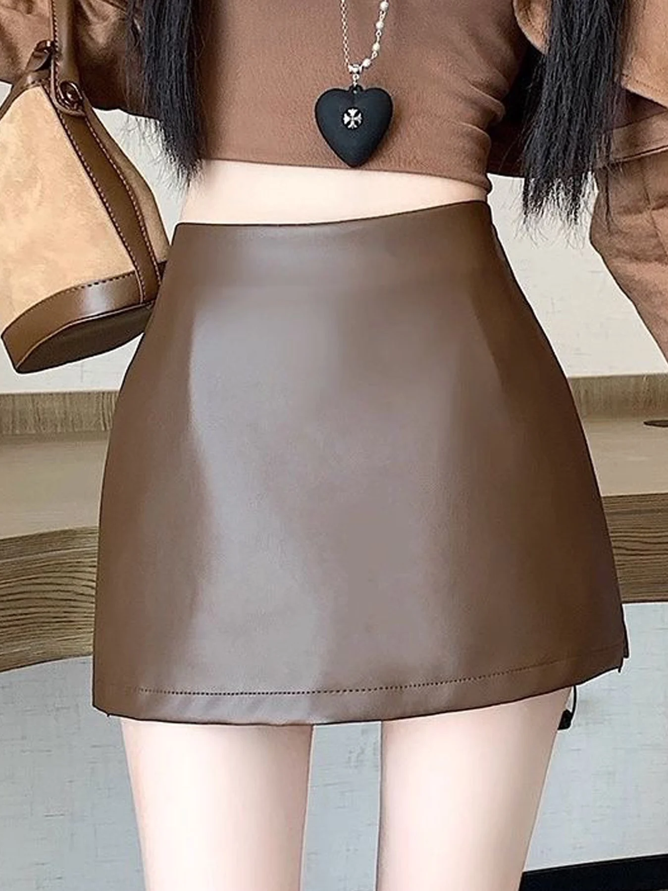 Slim Fit PU Leather  Skirt Women's High Waist A-Line Skirt Anti-Light Walking Skirt Casual Wear Daily Folded PU Skirt