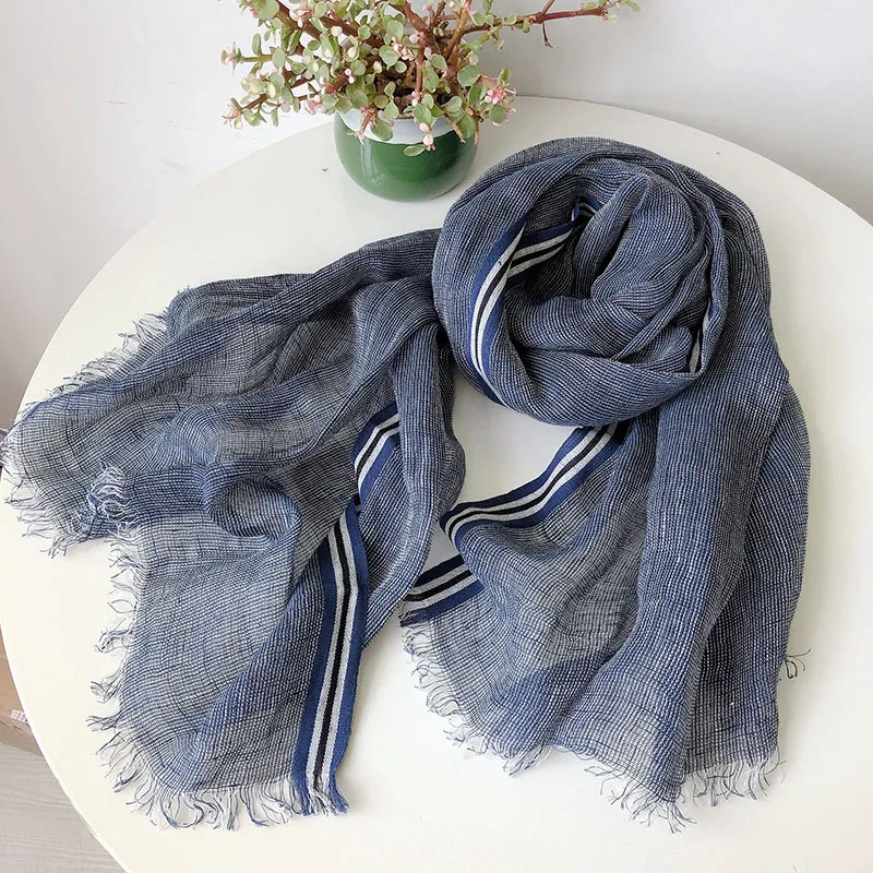 

New Fashion style Men's Linen Scarf Spring And Summer Solid Blue Color Breathable 100% Linen Scarves