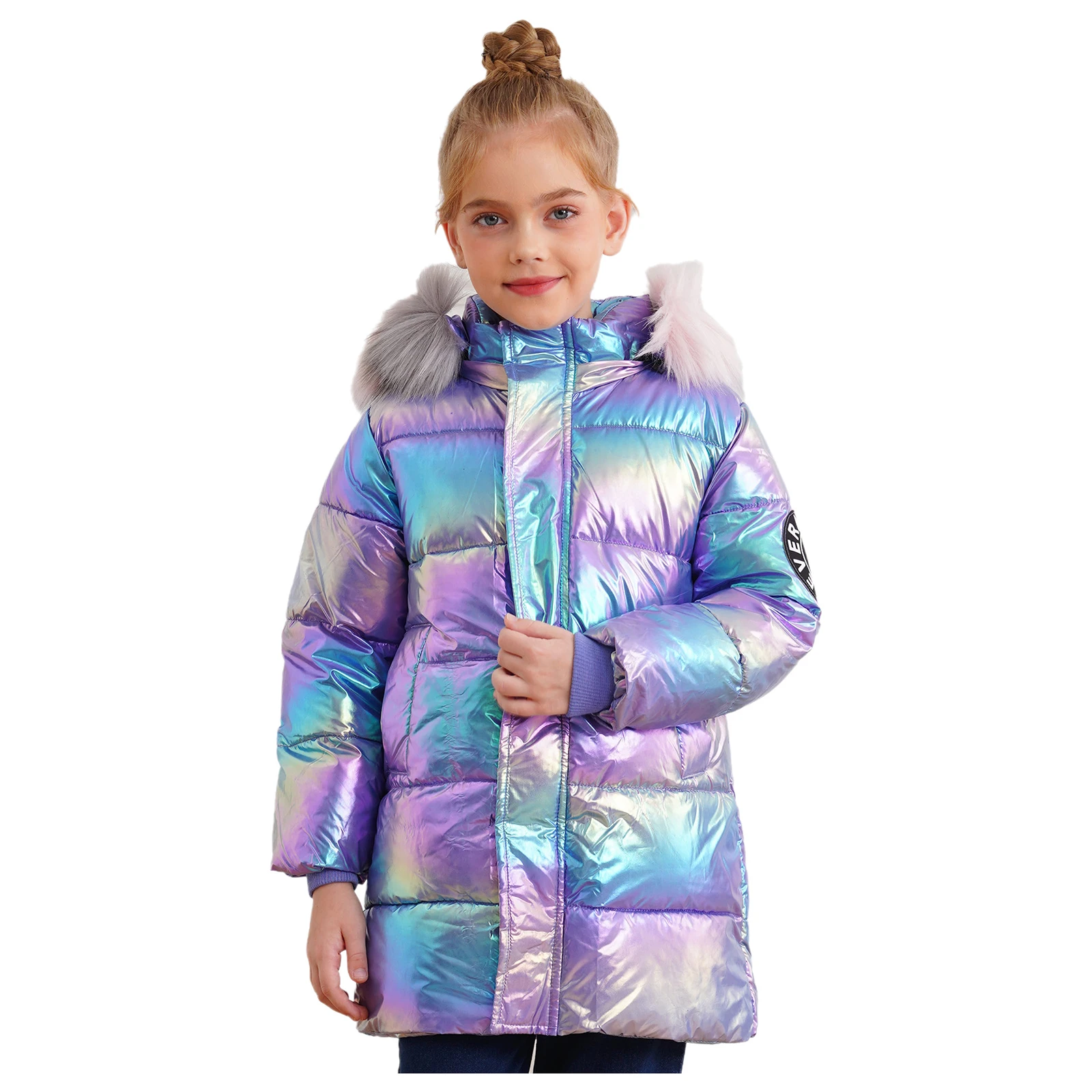 Kids Girls Winter Coat Metallic Hooded Padded Jacket Casual Warm Shiny Stand Collar Long Sleeve Zipper Cotton Wadding Outerwear