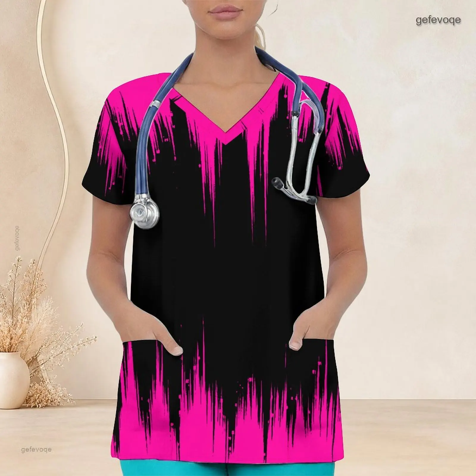 Women Silver Black Disco Mirror Square Printed V Neck Short Sleeve Scrub Top with Front Pockets