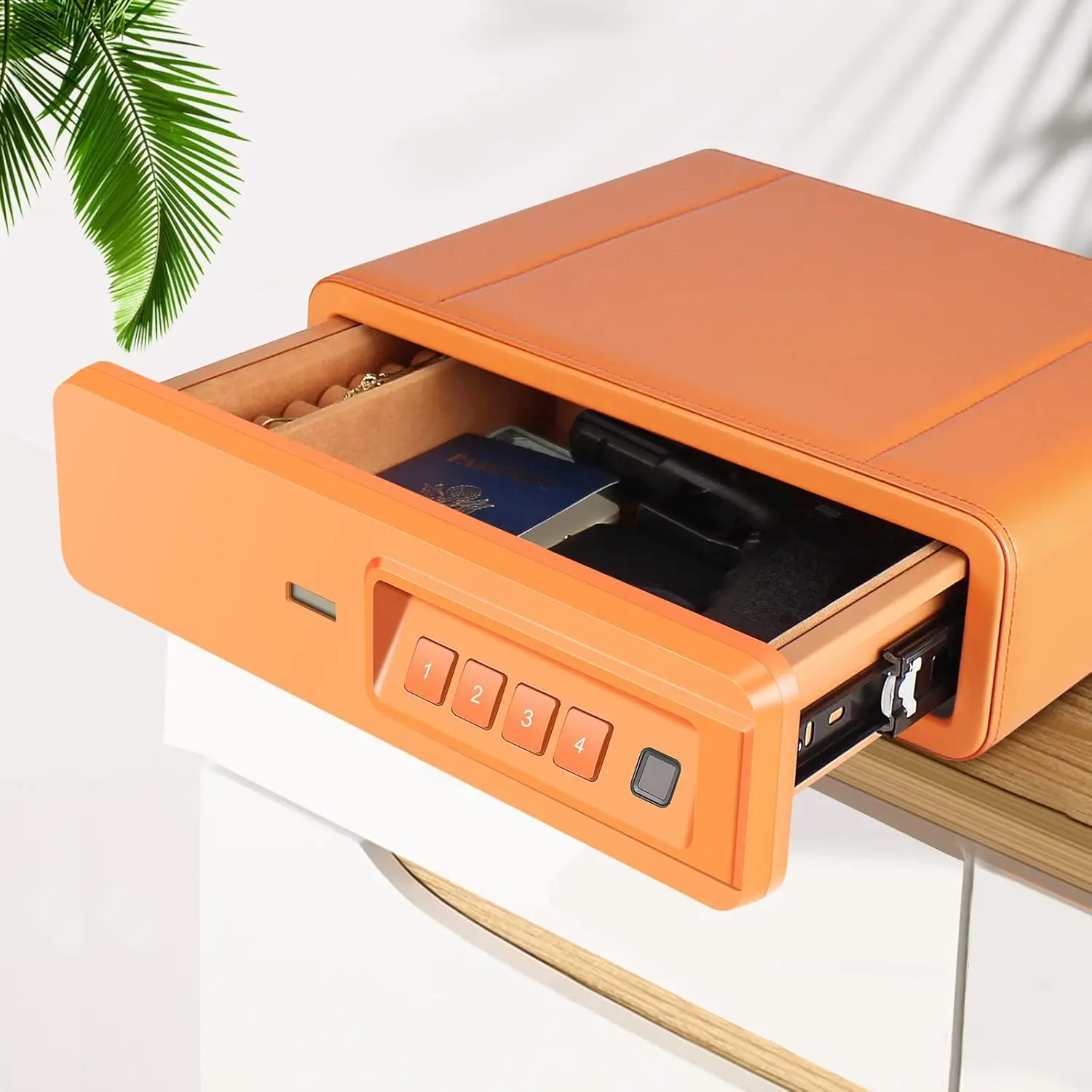 Biometric Fingerprint Safe, Slide-Away Handgun Safe for Pistols, Leather Wrapped Jewelry Storage Safe, Drawer Safe for Home and