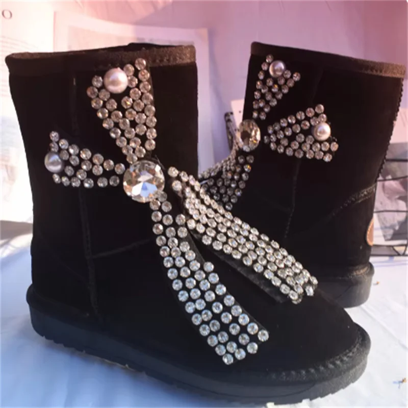 Black rhinestone Pearl Jewel accessories Fur One Party Snow boots handmade custom women's thickened casual women's boots 35-40