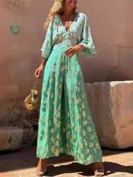 Lady Print Boho Jumpsuit Fashion V Neck High Waist Wide Leg Long Pants Jumpsuits For Women Casual Beach Holiday Jumpsuits Summer