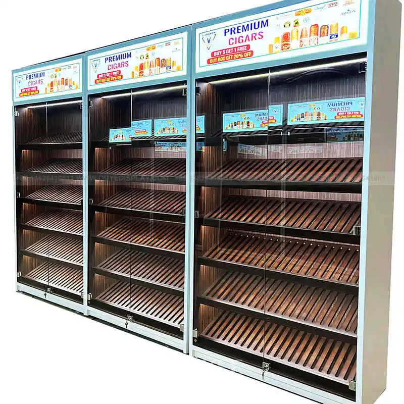 Customized-High Quality Tall Wooden Cigar Display Cabinet LED Wall Showcase Smoke Shop Furniture Cigar Room