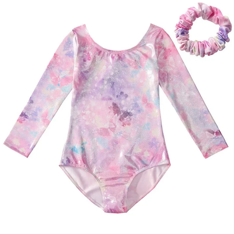 Ballet Dance Bodysuit With Hairband  Girls Gymnastics Leotards Fashion Print Long Sleeve For 3-10 Years Old Dancewear