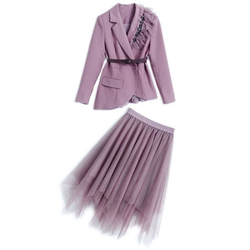 Eleganti blazer viola gonne set primavera autunno coreano ufficio signora vestito giacca gonna a rete irregolare abiti nuove donne abbigliamento da