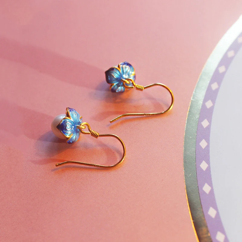New Silver Inlaid Pearl Enamel Porcelain Classic Earrings Chinese Style Niche Design Elegant Charm Women's Jewelry