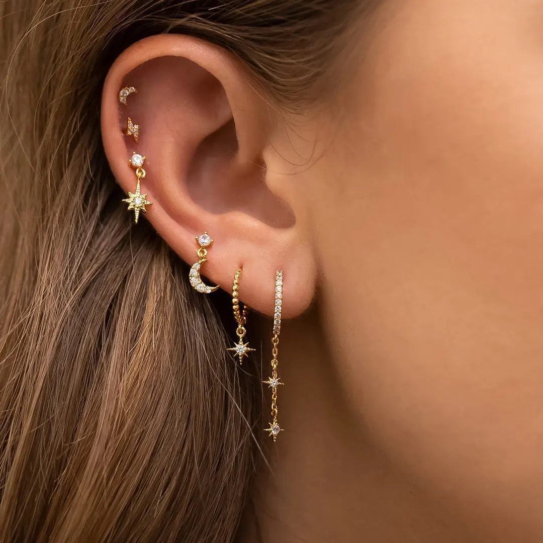 3 szt. Zestaw nowa gwiazda księżyc chrząstka kolczyki do piercingu cyrkonia wisiorek ze stali nierdzewnej łańcuszek Hoop kolczyk Piercing biżuteria — zdjęcie 5