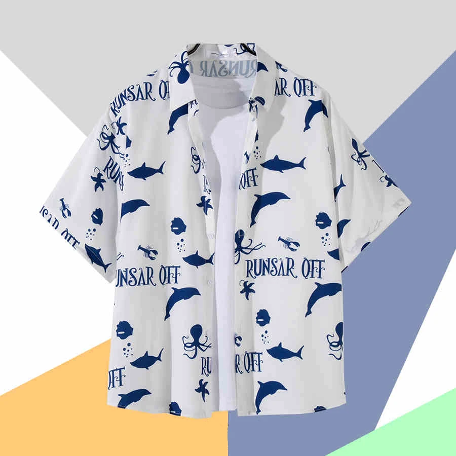 

Vintage Hawaiian Shirts For Men Ocean Pattern Print Lapel Blouse Fashion Casual Womens Clothes Short Sleeve Oversized Tees Tops