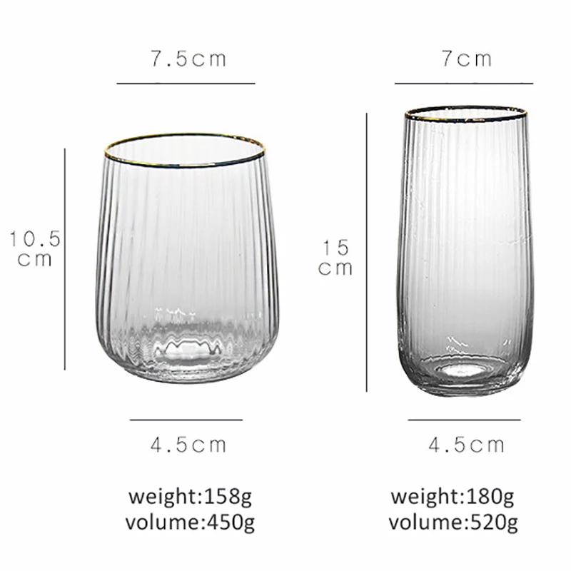 Japanese Gold Silm Vertical Grain Glass Cup 450/520MLHeat-Resistant Household Simple Cups for Cofffee Milk Juice Bar Drinkware