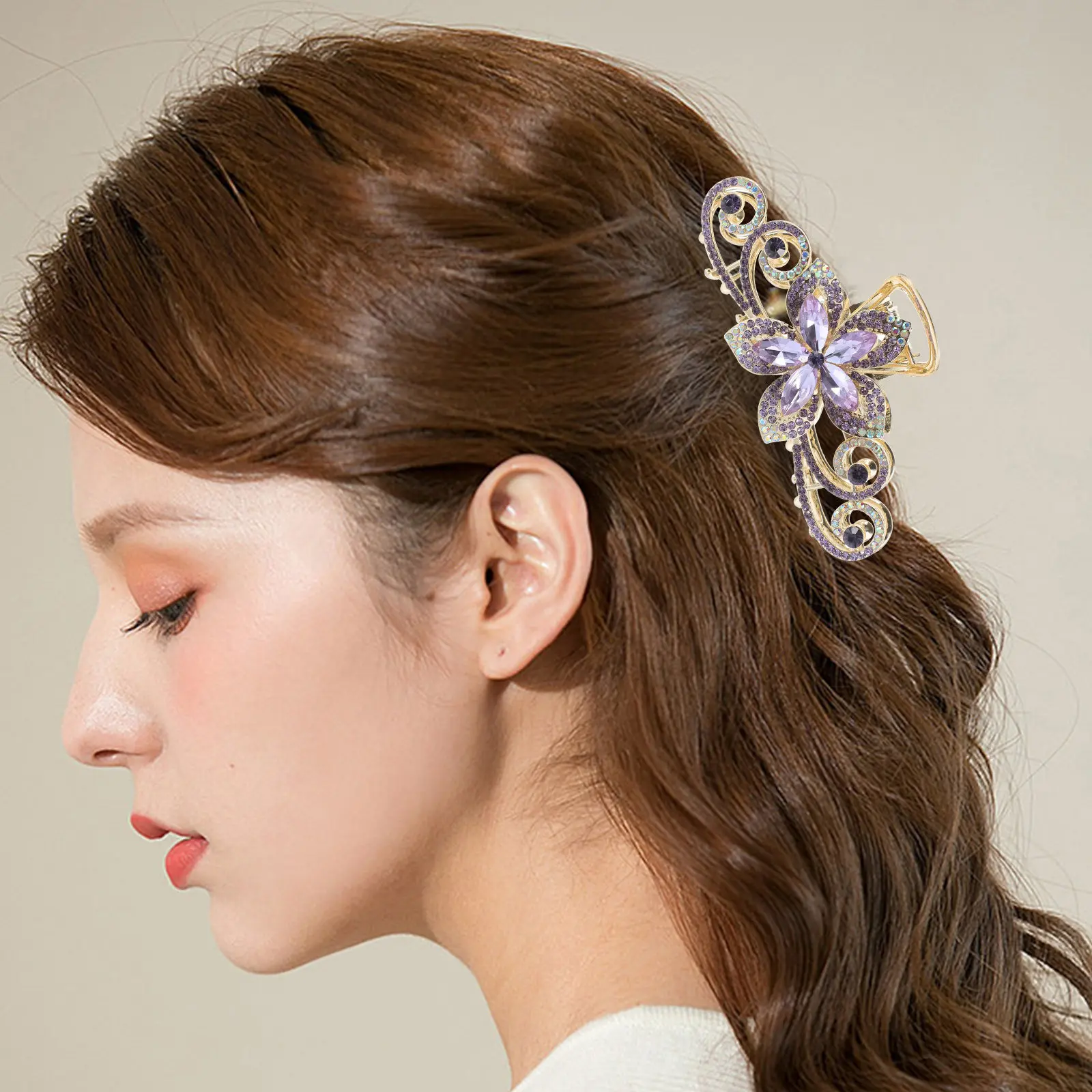 

Большая заколка-краб для волос с блестящими стразами и цветочным дизайном, надежная фиксация, прочный сплав, для густых волос, для женщин