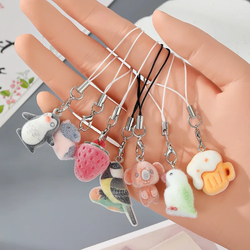 

Sweet Flocking Resin Capybara/birds/bear/strawberry Cute Animal Keychains Cartoon Phone Earphone Lanyard Women DIY Bag Pendants