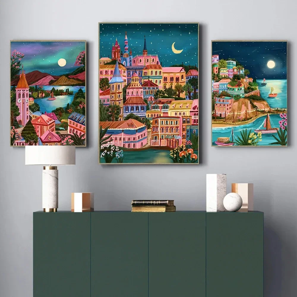 مدن السفر جمهورية التشيك براغ سويسرا إيطاليا الجدار ملصق فني ضوء القمر طباعة لغرفة المعيشة ديكور المنزل قماش اللوحة