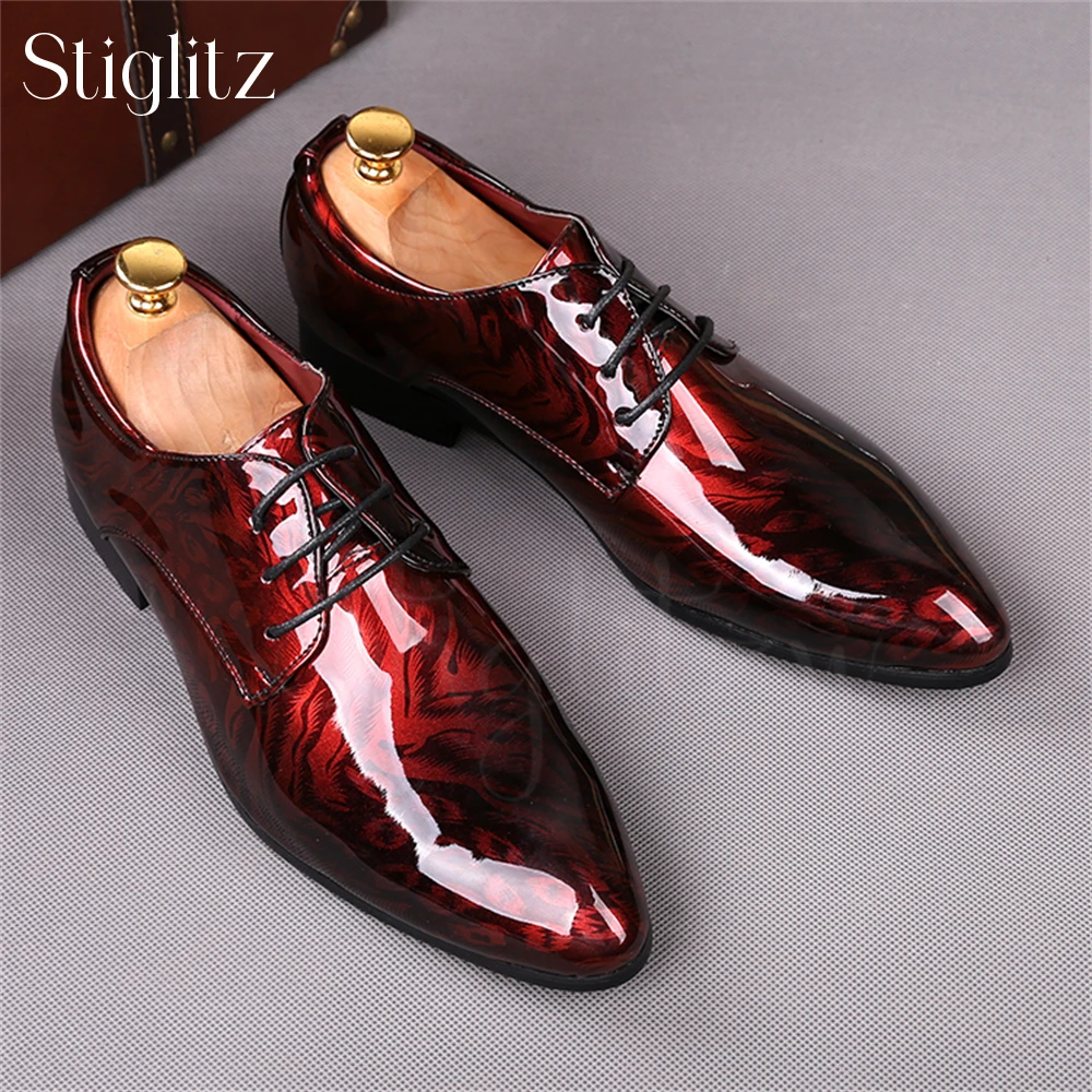 Pointed Pattern Patent Leather Men's Shoes Fashion Style Oxford Shoes Lace-Up Business Formal Shoes Comfortable Multicolor Shoes