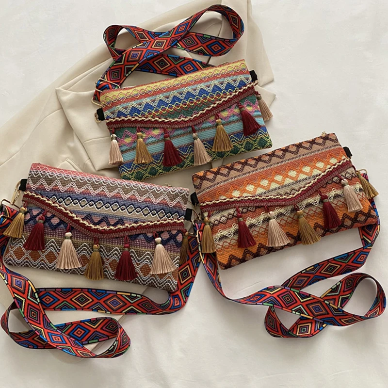 1pc Nylon Ethnic Style Weave Crossbody Bags Tassel Waist Bag Retro Canvas Shoulder Packs Handbag