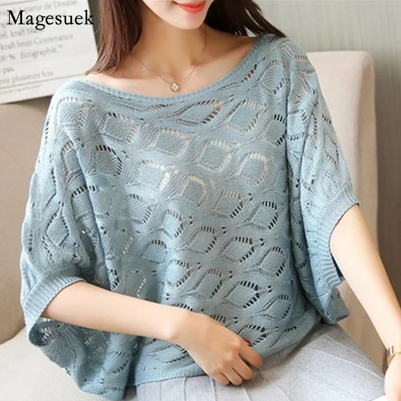 

Summer 2022 Solid Women's Blouse Loose Hollow Knitted Shirt Women Short Sleeve Casual Blouse Thin O Neck Office Lady Tops 21881