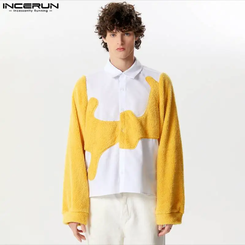 

INCERUN Tops 2024 American Style New Men's Personality Suede Patchwork Irregular Shirts Fashion Casual Long Sleeved Blouse S-5XL