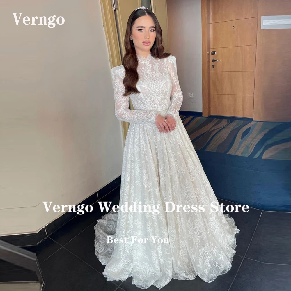 Verngo Modest High Neck Lace A Line Wedding Dresses Long Sleeves Boho Sweep Train Princess Bridal Gowns Vintage Customized