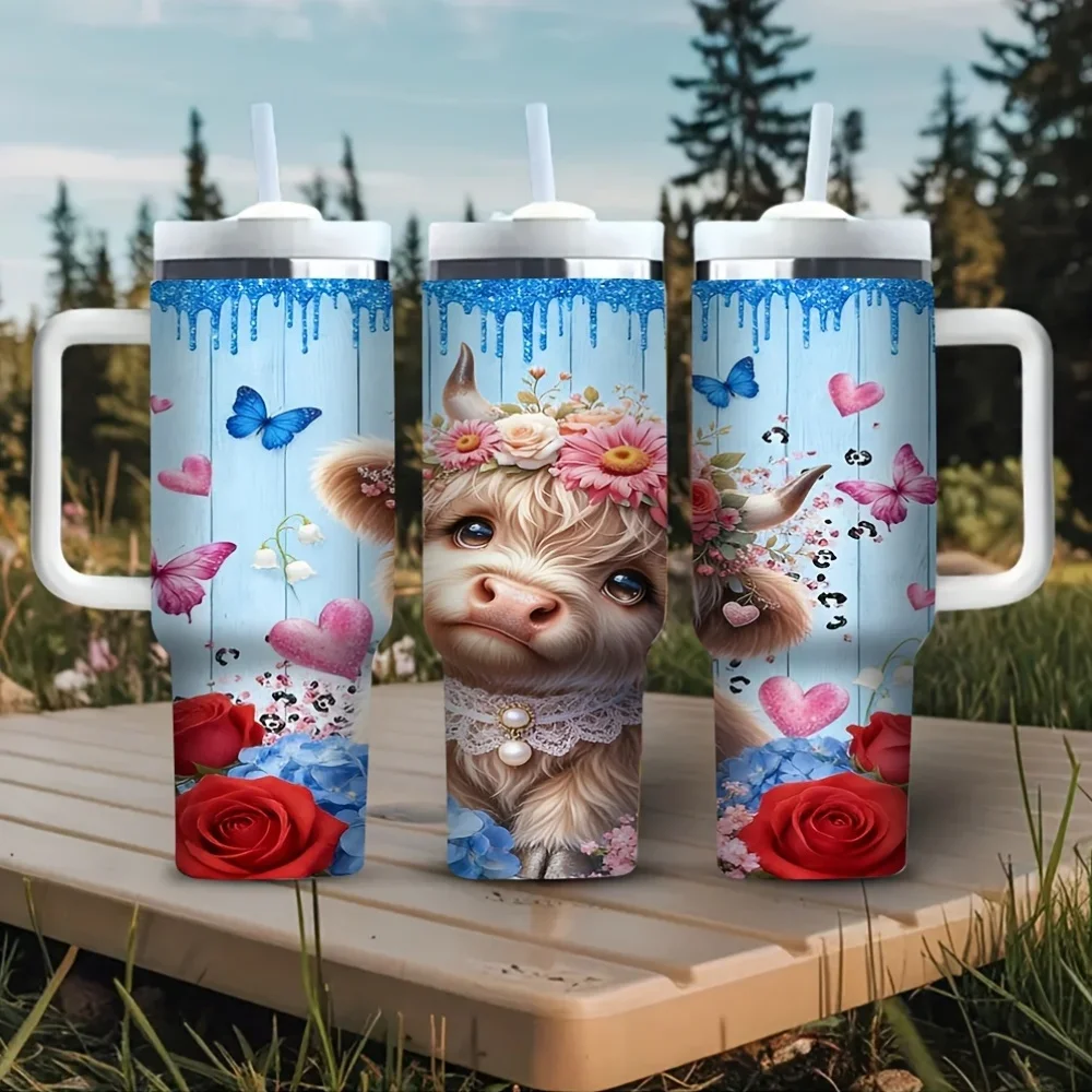 40Oz Tumbler with Handle, Cute Cow Flower Butterfly Heart Print, Suitable for Daily Use, Works for Both Hot And Cold Drinks, Ideal for Outdoor And Indoor Daily Scenes
