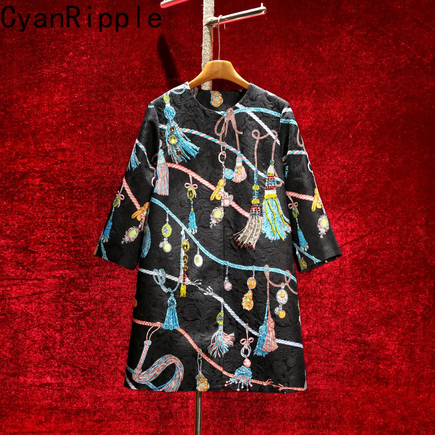 High Quality Vintage Printed Black Jacquard Female Windbreaker New Spring Autumn Elegant Round Neck Luxury Beads Trench Coat