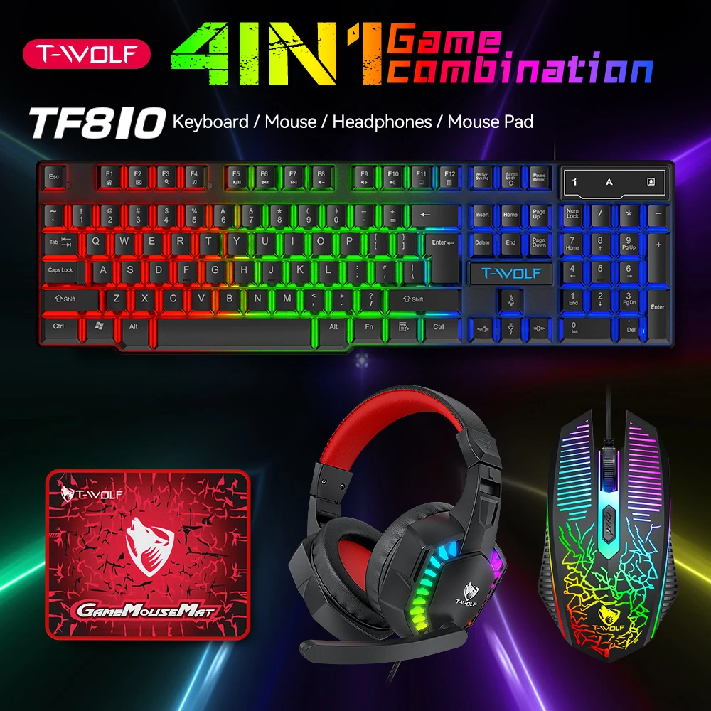 

2025 RGB USB Keyboard Mouse Gaming Headset Combos 4 In 1 English Gaming Wired Keyboard Mouse Set With Mouse Pad and Headphones