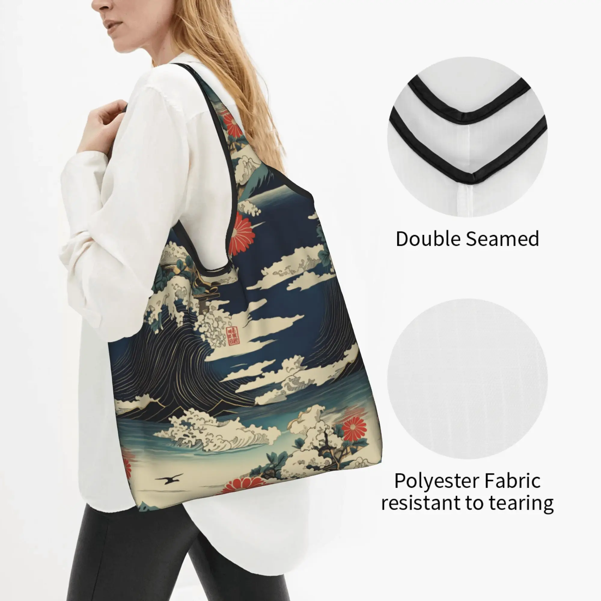 Custom Echoes Of Kyoto Silk Japane Ukiyoe Art  Shopping Bag Women Portable Large Capacity Groceries  Tote Shopper Bags