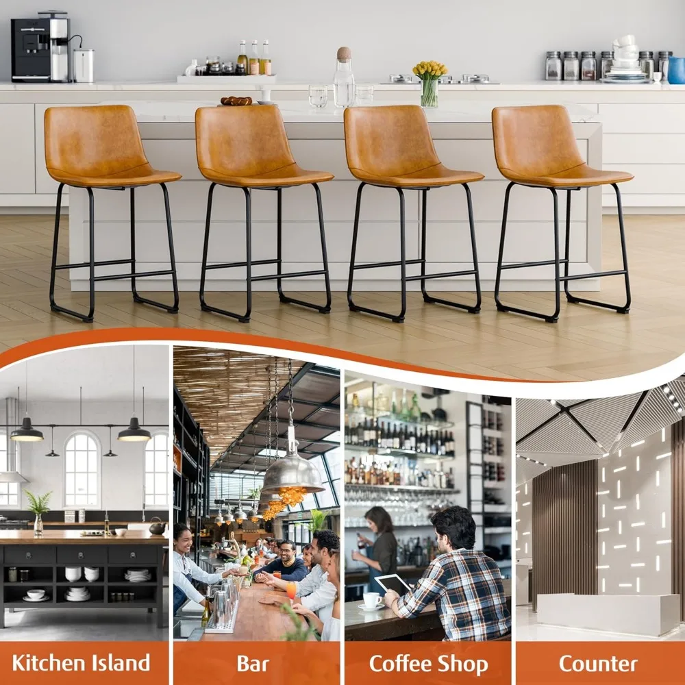 Bar Stools Set of 4, PU Leather Counter Height Bar Stools, 26" Modern Bar Stools with Metal Legs and Footrest, Urban Armless Din