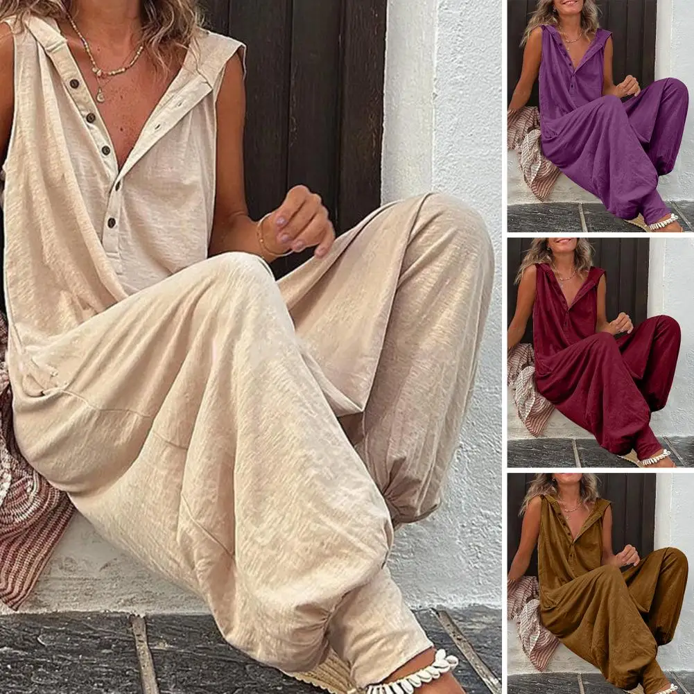 

Women Jumpsuit Sleeveless Solid Color V Neck Buttons Loose Hooded Babby Soft Breathable Lady Summer Long Suit Cross-pants Romper