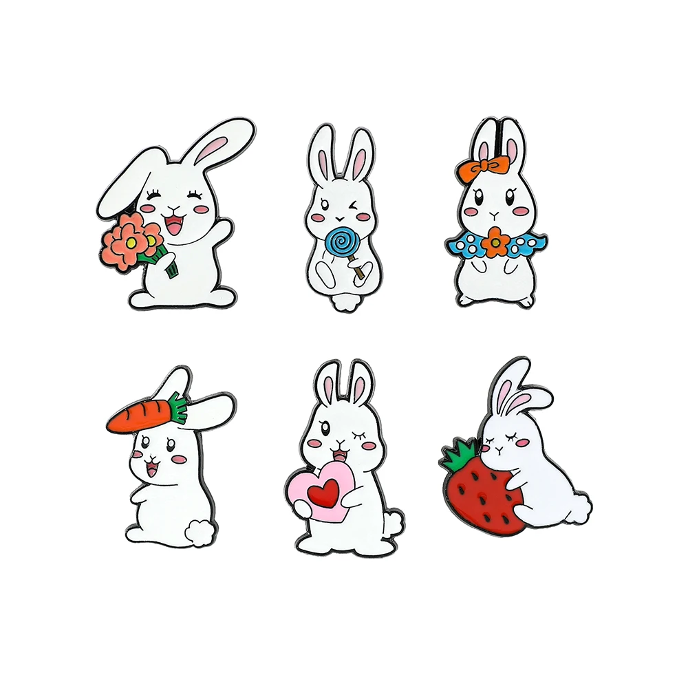 6 Pcs Cute Little Rabbit Brooch Creative Love Carrot Enamel Brooch Metal Paint Badge Backpack Clothing Jewelry Wallet Pendant