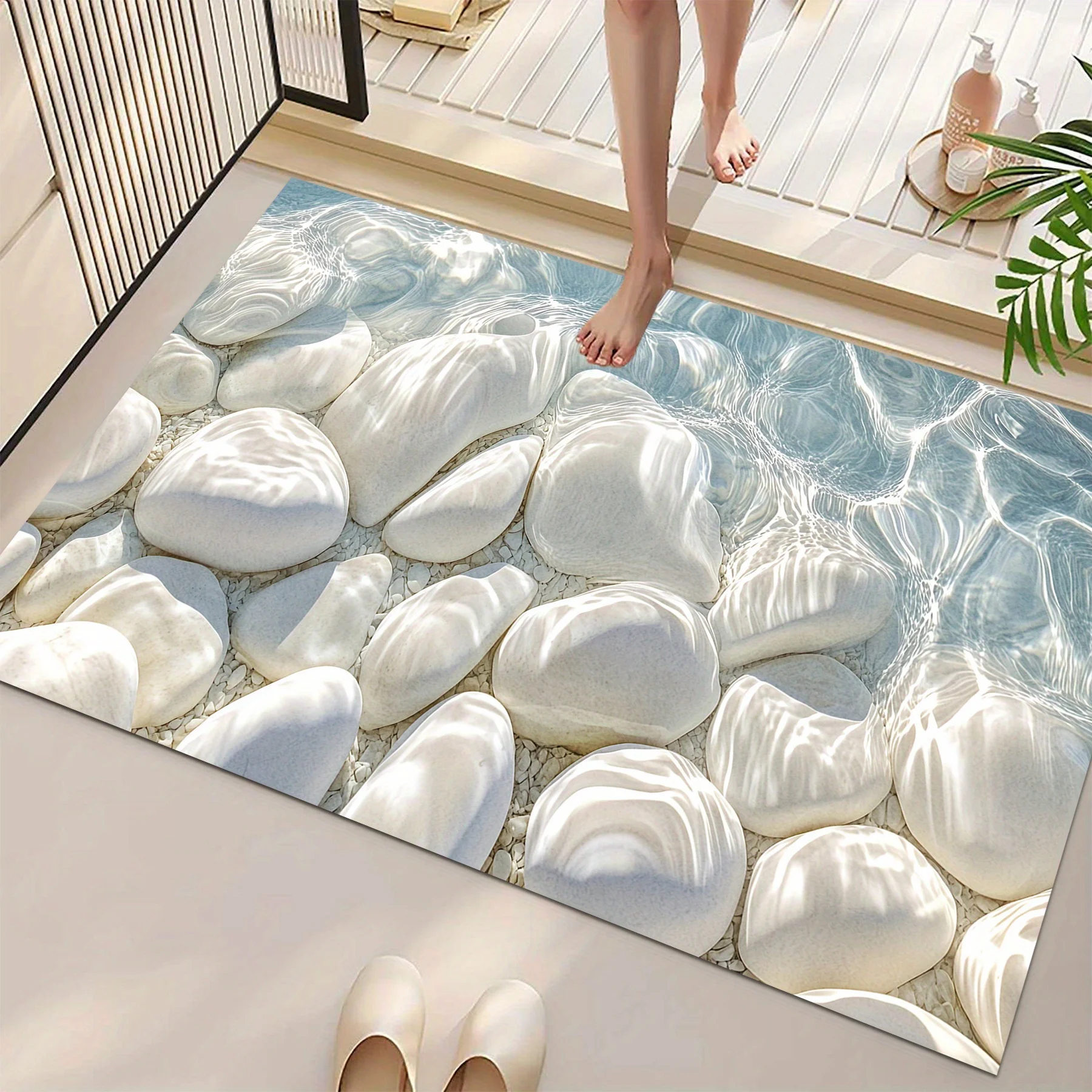 3D Weiße Kiesel Wasserwellen Bodenmatte Flanell-Teppich 3D-Bedruckter Teppich Wohndekor Badezimmerteppich Rutschfest Waschbar Großer Teppich