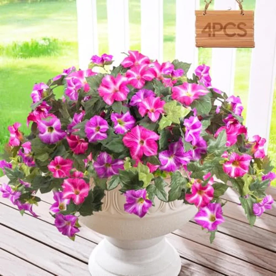 

4PCS Artificial Plants for Outdoors Decoration No Fade Faux Petunias UV Resistant Realistic Silk for Home Garden Balcony Yard P